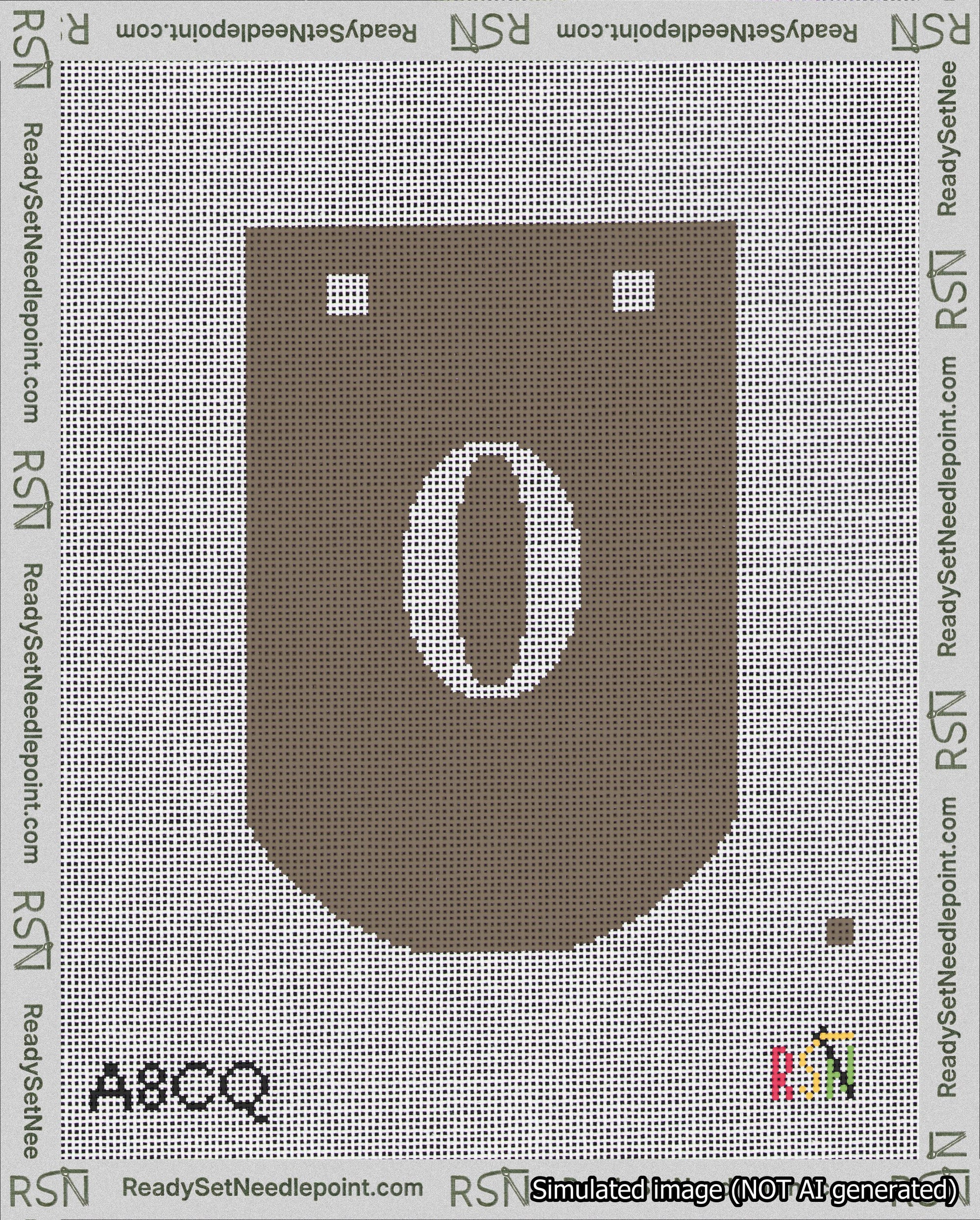A taped needlepoint canvas with the design: Banner 18 mesh count Curved 0 White on Brown.
