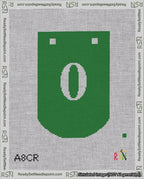 A taped needlepoint canvas with the design: Banner 18 mesh count Curved 0 White on Green.