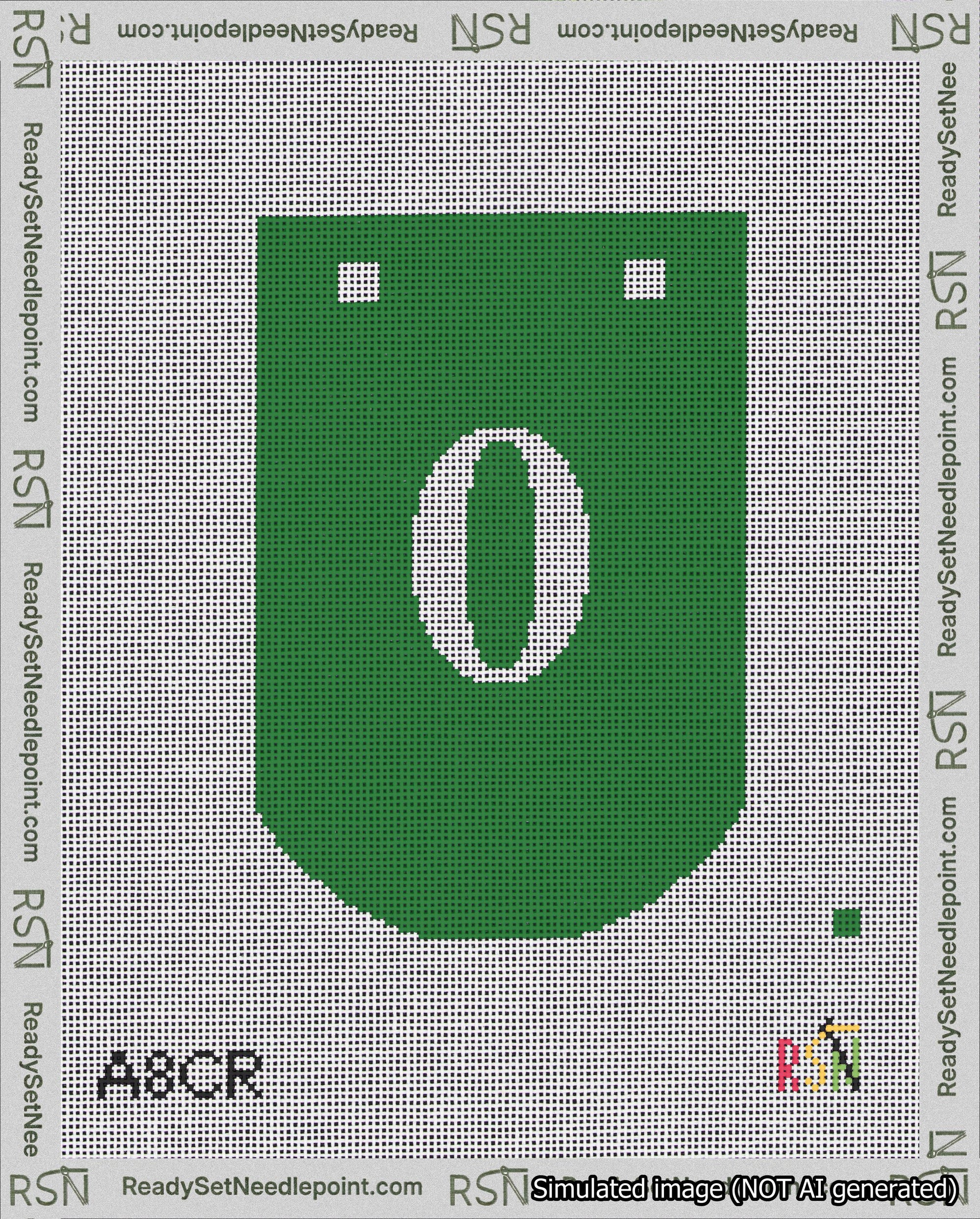 A taped needlepoint canvas with the design: Banner 18 mesh count Curved 0 White on Green.