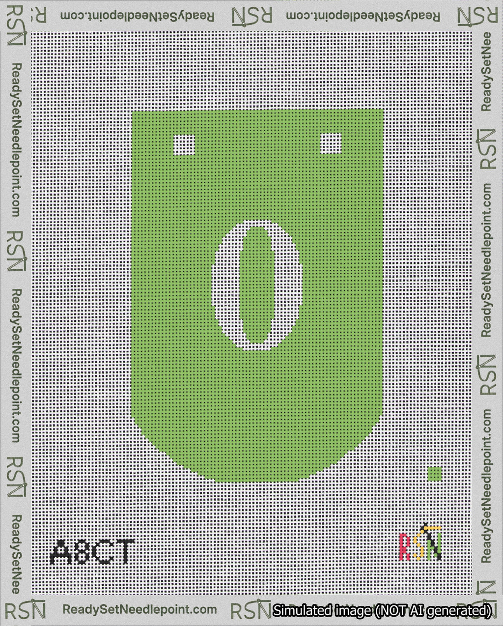 A taped needlepoint canvas with the design: Banner 18 mesh count Curved 0 White on Light Green.
