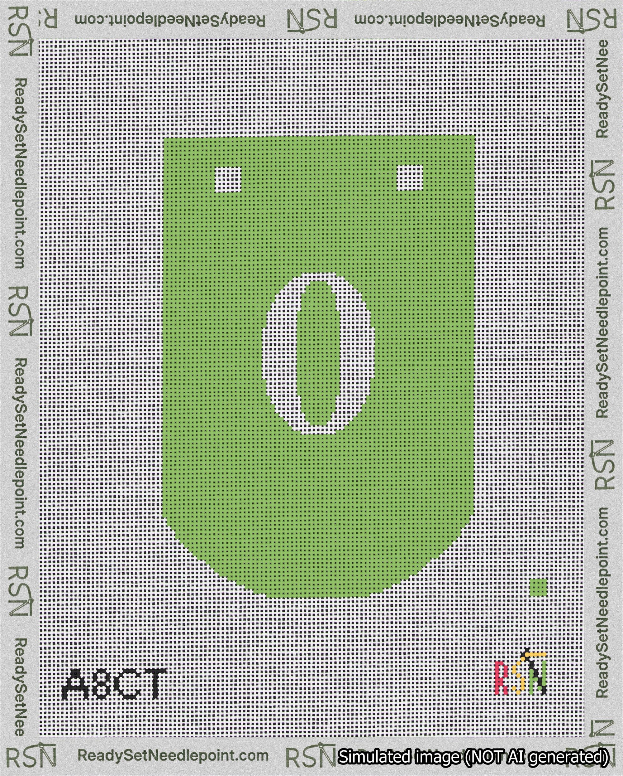A taped needlepoint canvas with the design: Banner 18 mesh count Curved 0 White on Light Green.