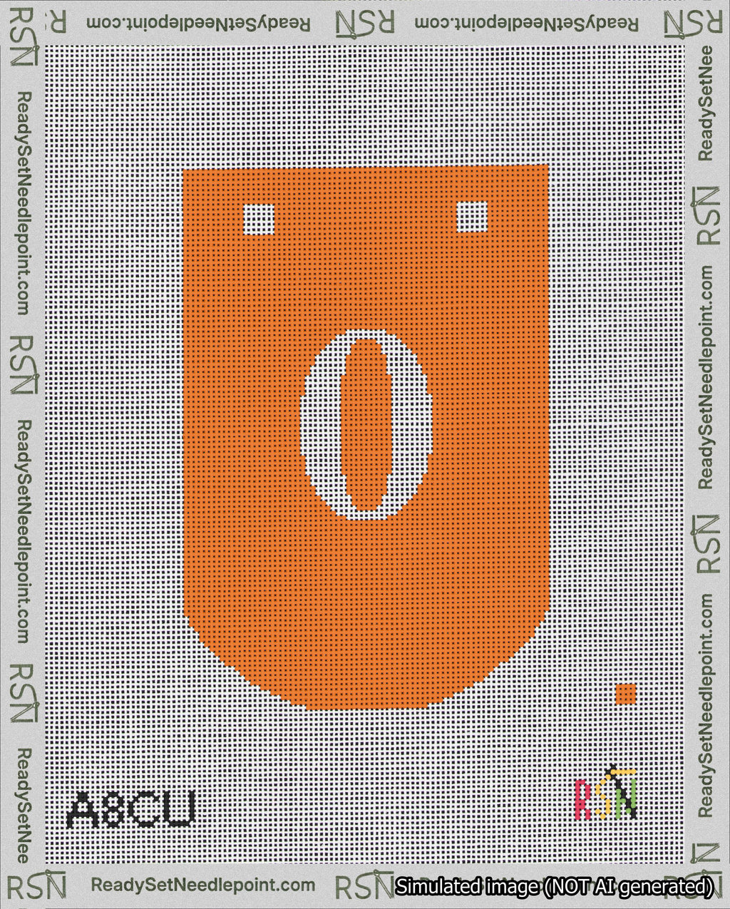 A taped needlepoint canvas with the design: Banner 18 mesh count Curved 0 White on Orange.