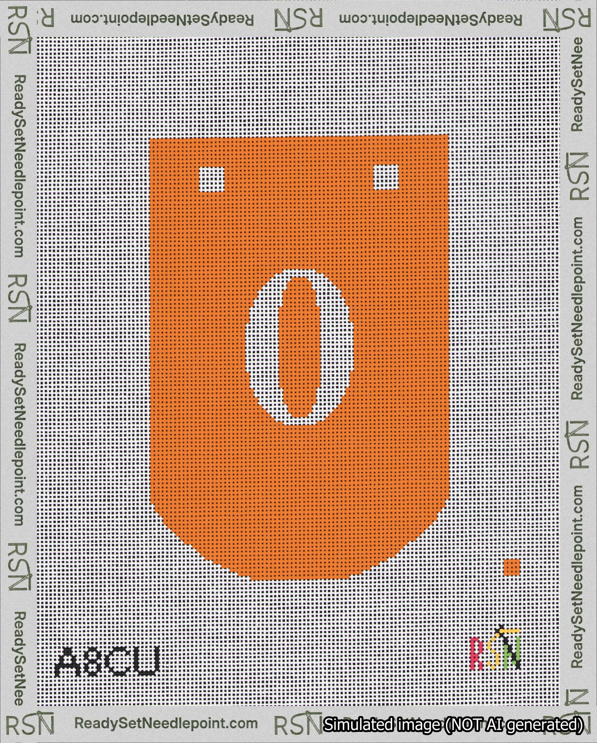A taped needlepoint canvas with the design: Banner 18 mesh count Curved 0 White on Orange.