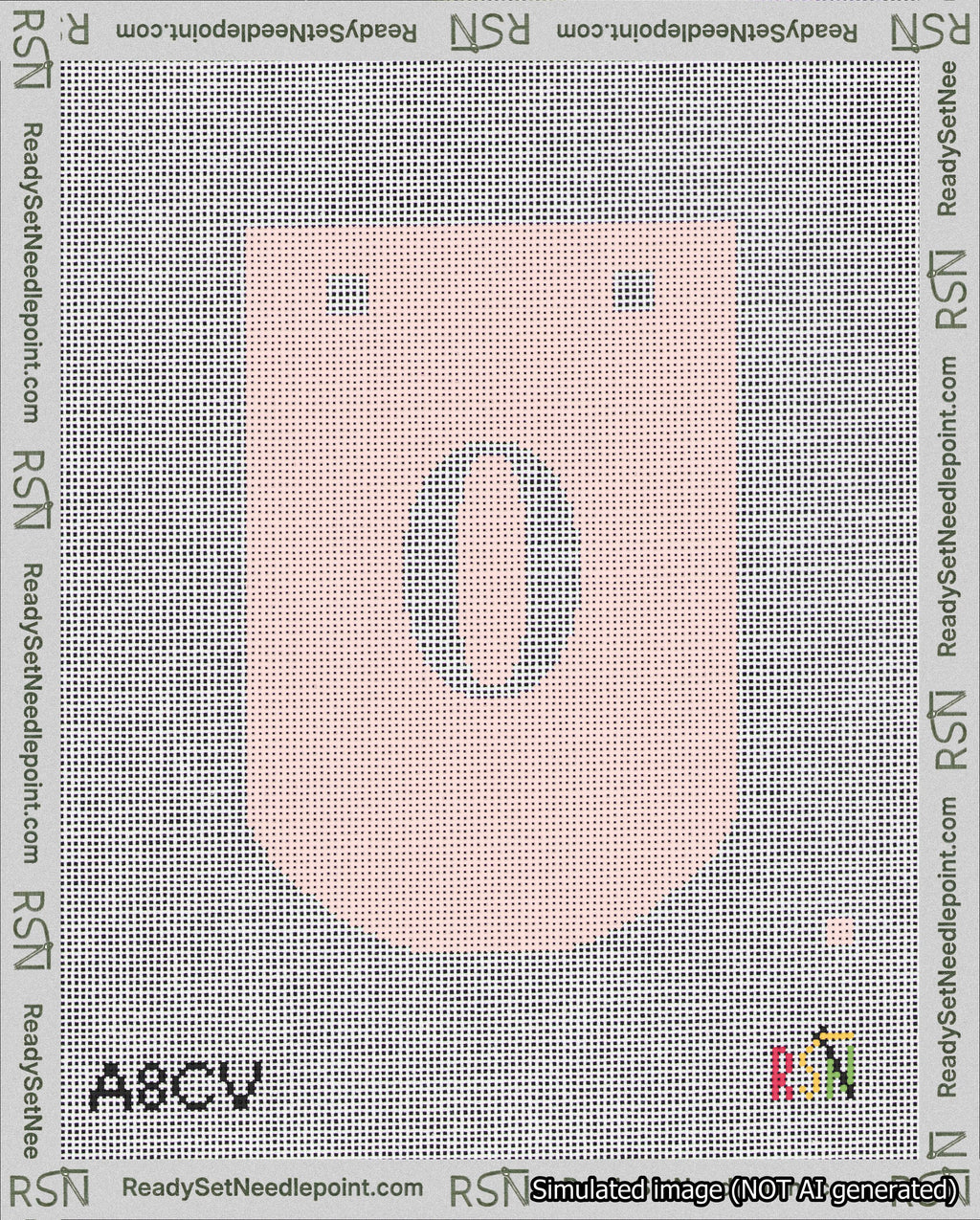 A taped needlepoint canvas with the design: Banner 18 mesh count Curved 0 White on Pink.