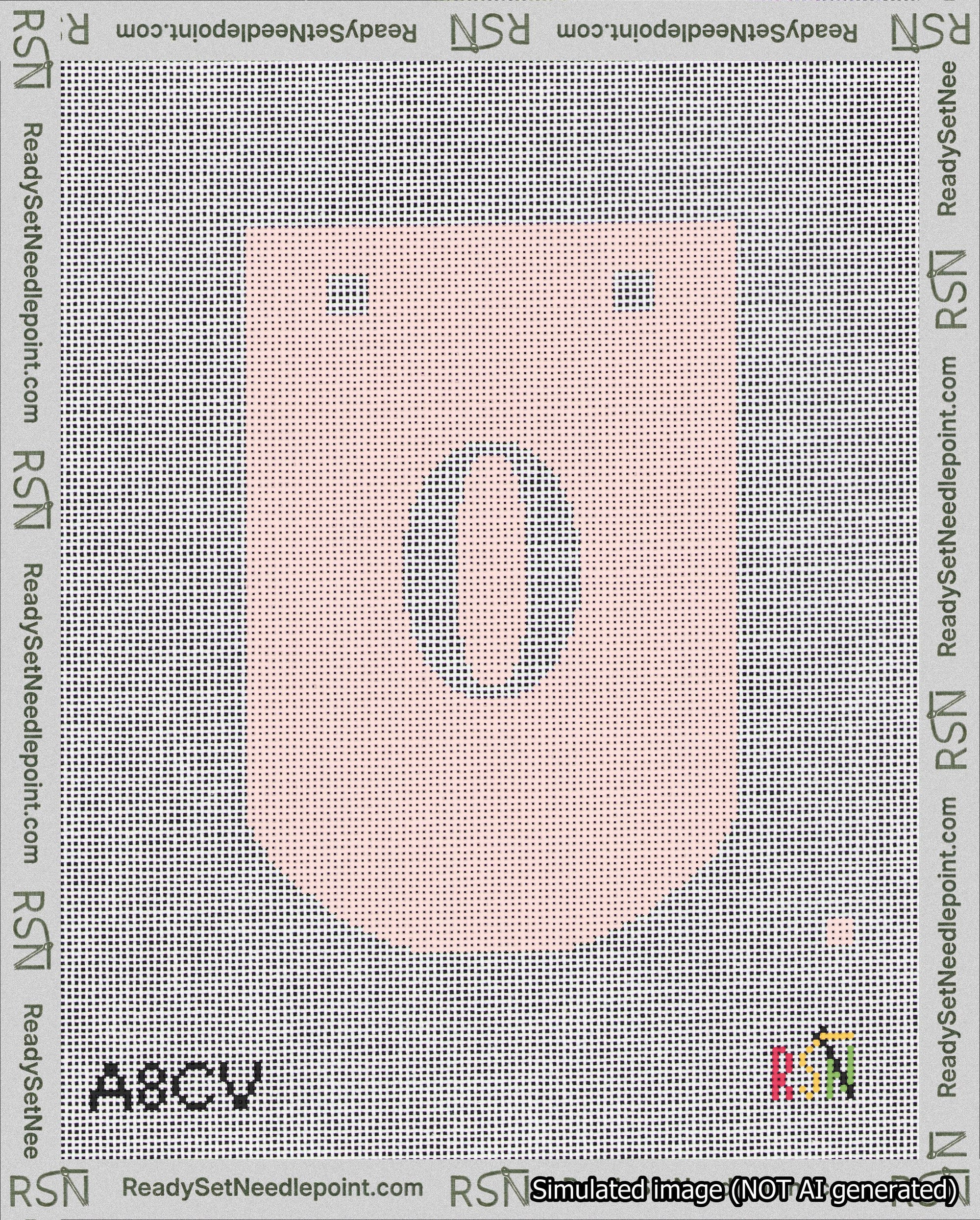 A taped needlepoint canvas with the design: Banner 18 mesh count Curved 0 White on Pink.