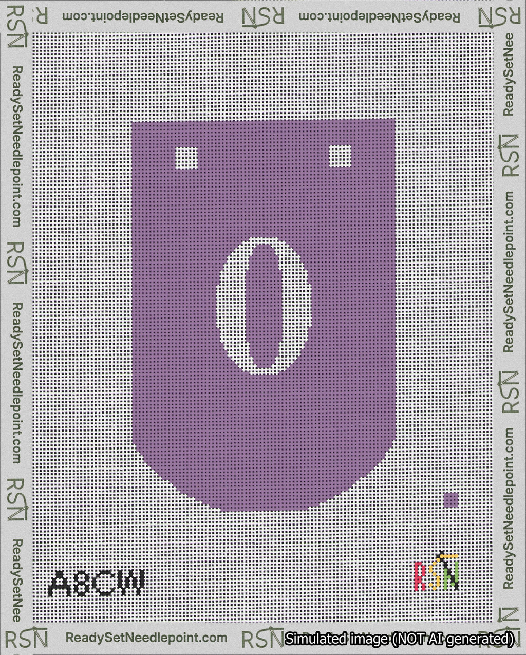 A taped needlepoint canvas with the design: Banner 18 mesh count Curved 0 White on Purple.