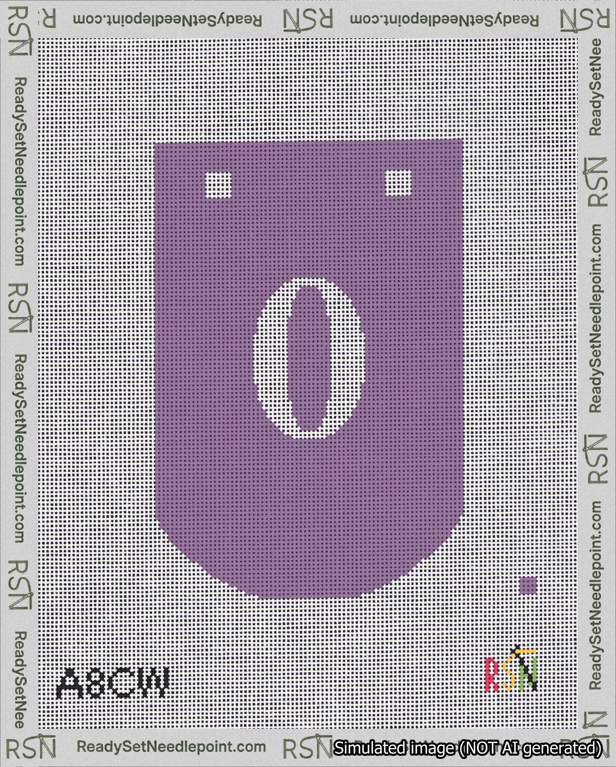 A taped needlepoint canvas with the design: Banner 18 mesh count Curved 0 White on Purple.