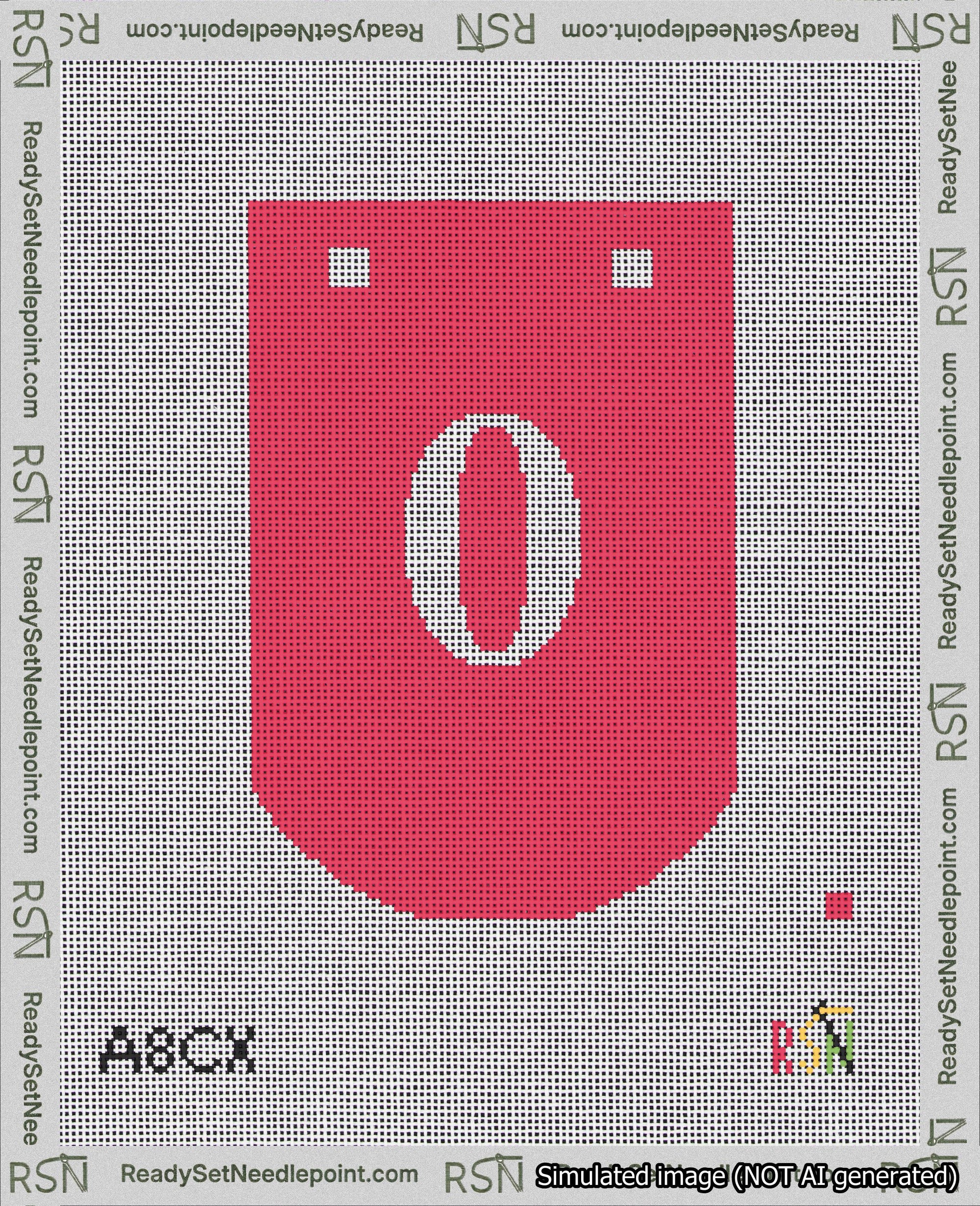 A taped needlepoint canvas with the design: Banner 18 mesh count Curved 0 White on Red.