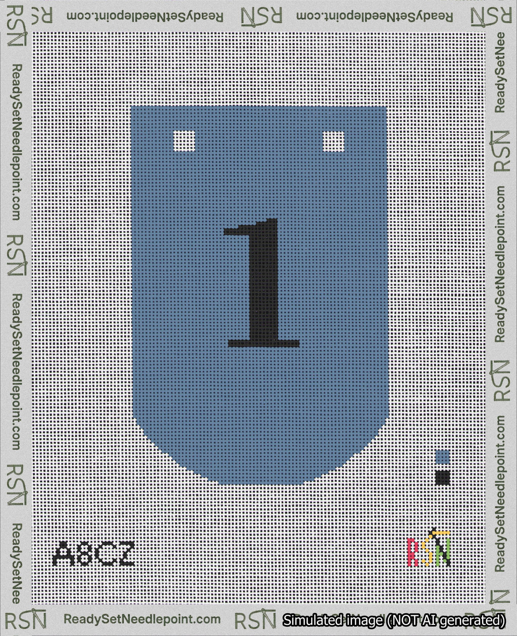 A taped needlepoint canvas with the design: Banner 18 mesh count Curved 1 Black on Blue.