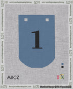 A taped needlepoint canvas with the design: Banner 18 mesh count Curved 1 Black on Blue.