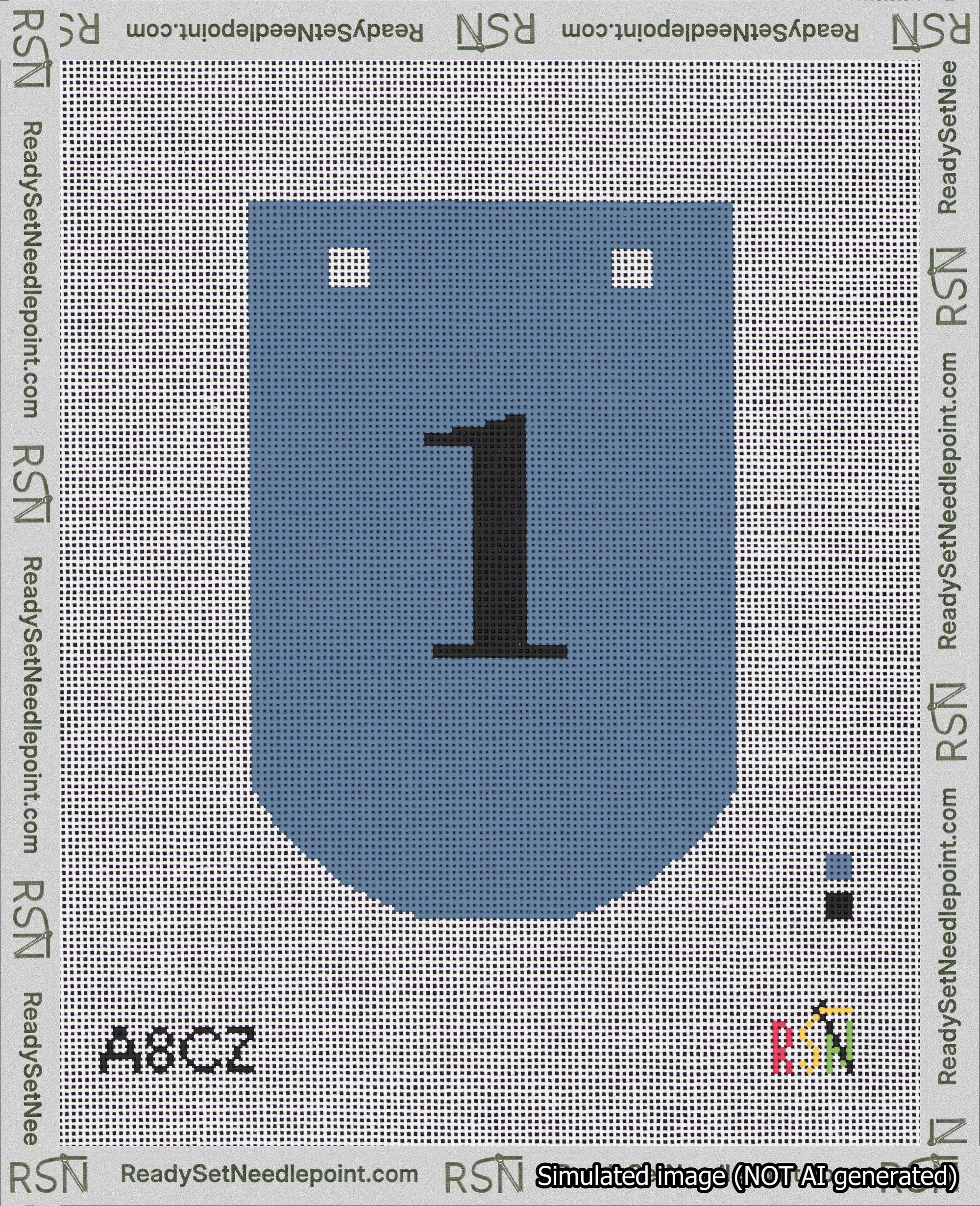 A taped needlepoint canvas with the design: Banner 18 mesh count Curved 1 Black on Blue.