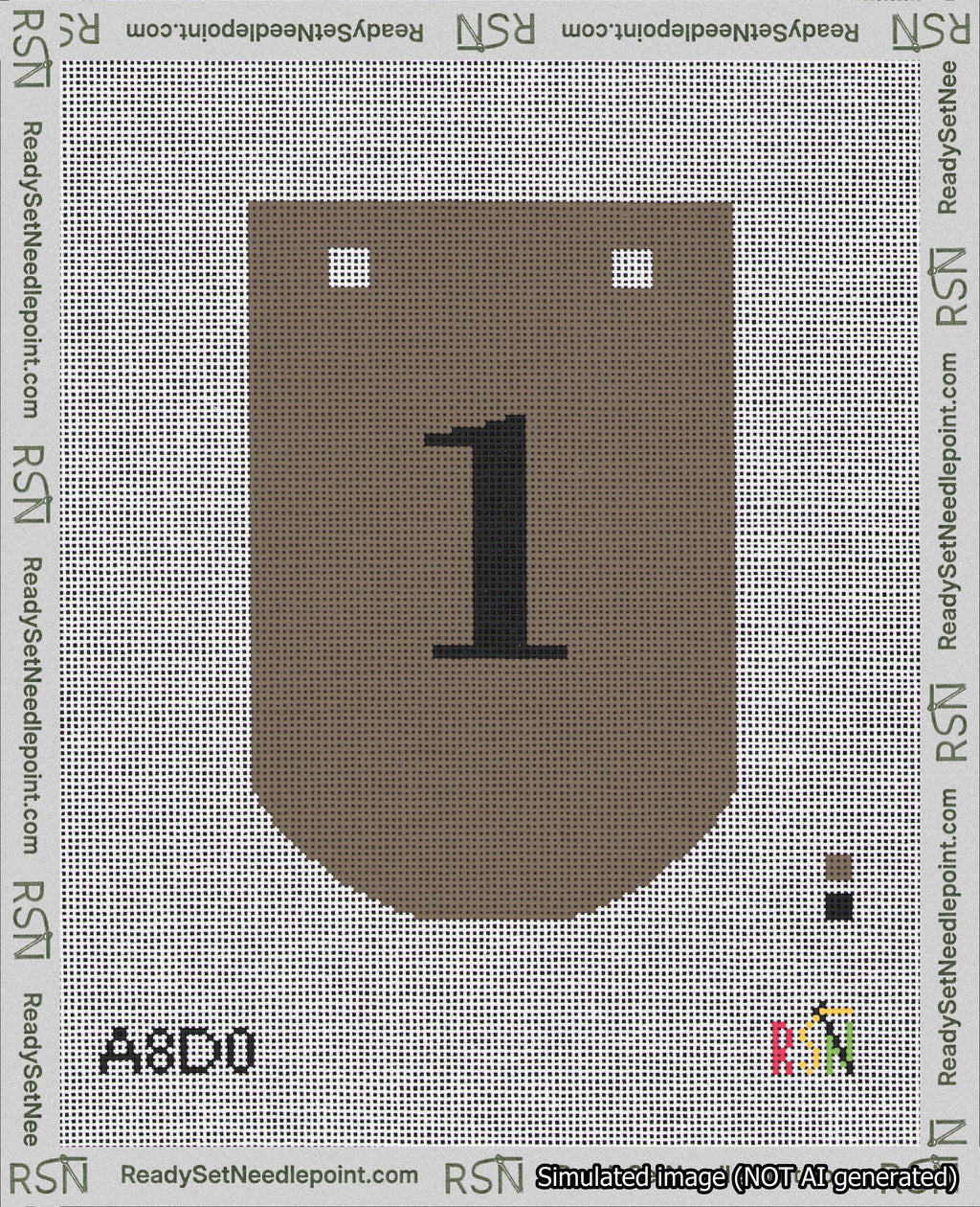 A taped needlepoint canvas with the design: Banner 18 mesh count Curved 1 Black on Brown.