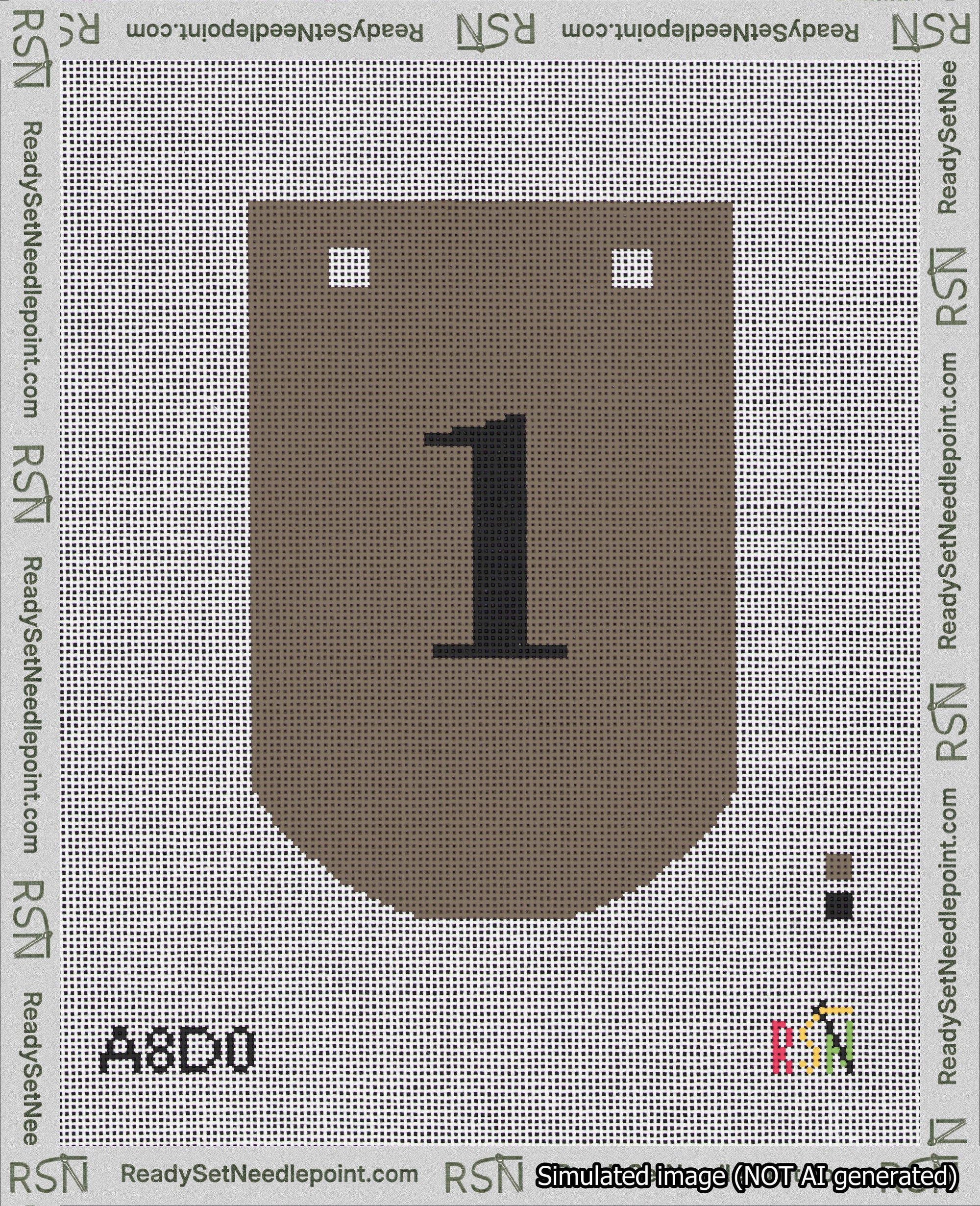 A taped needlepoint canvas with the design: Banner 18 mesh count Curved 1 Black on Brown.
