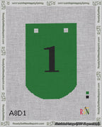 A taped needlepoint canvas with the design: Banner 18 mesh count Curved 1 Black on Green.
