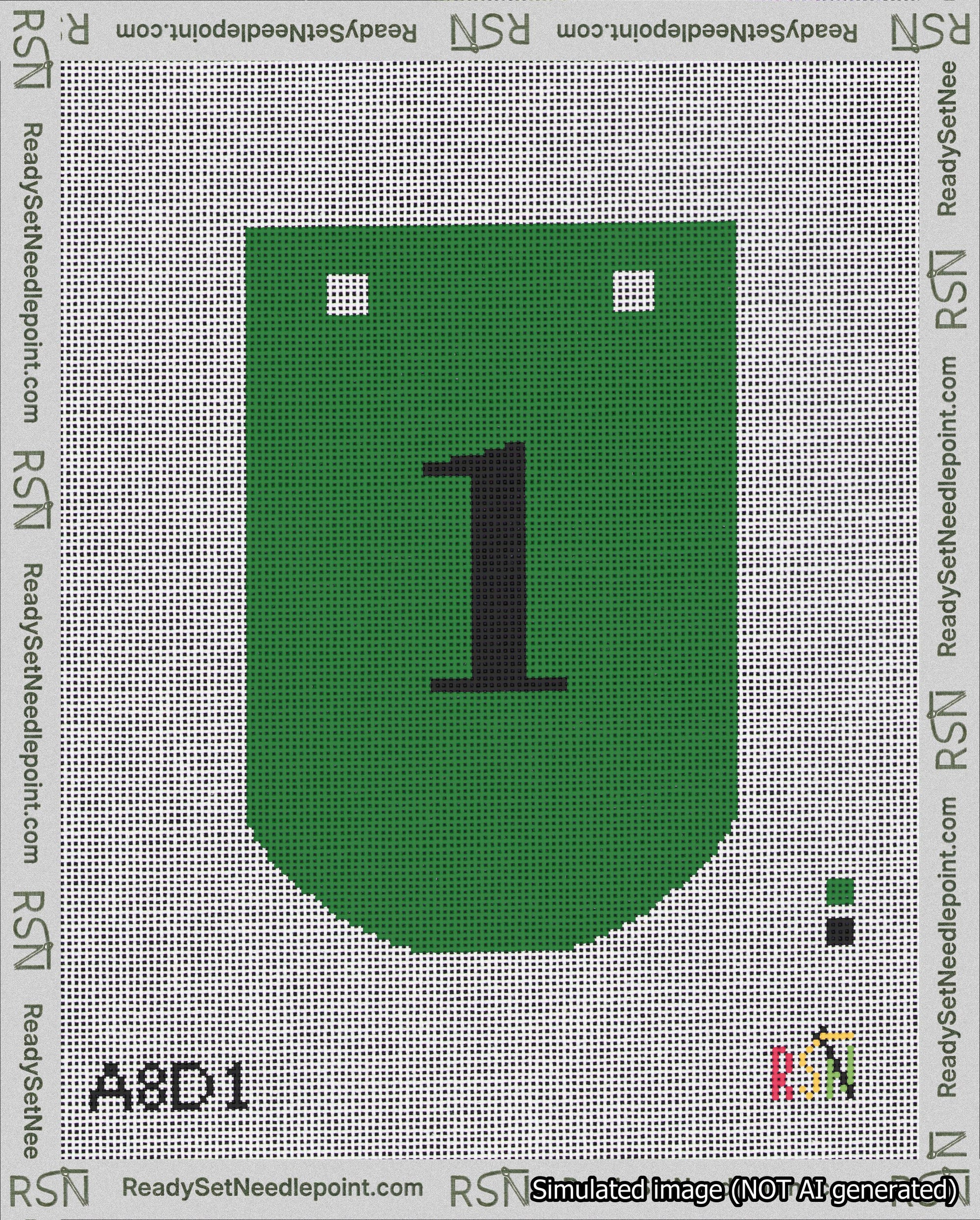 A taped needlepoint canvas with the design: Banner 18 mesh count Curved 1 Black on Green.