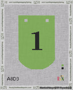 A taped needlepoint canvas with the design: Banner 18 mesh count Curved 1 Black on Light Green.
