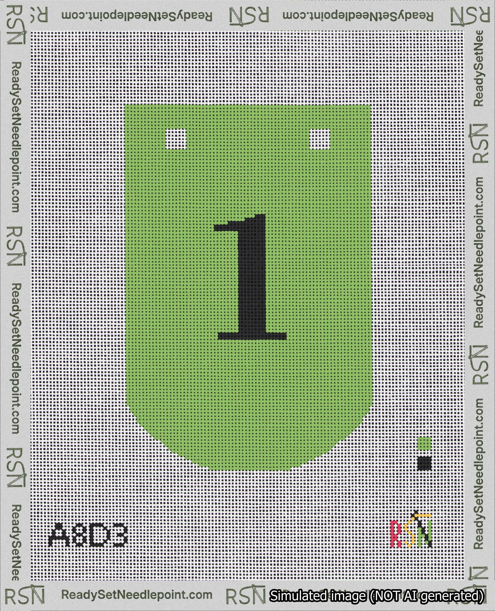 A taped needlepoint canvas with the design: Banner 18 mesh count Curved 1 Black on Light Green.