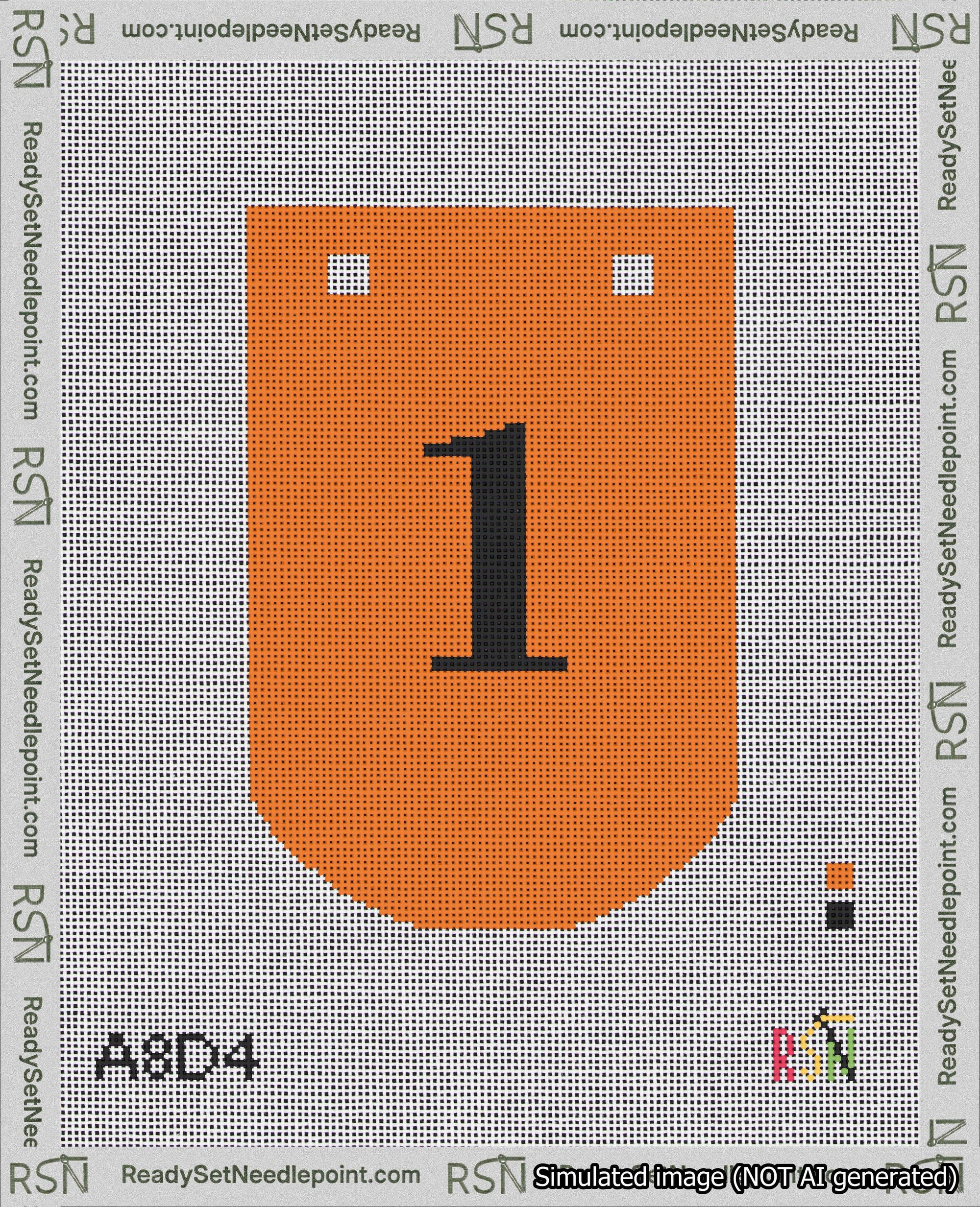 A taped needlepoint canvas with the design: Banner 18 mesh count Curved 1 Black on Orange.