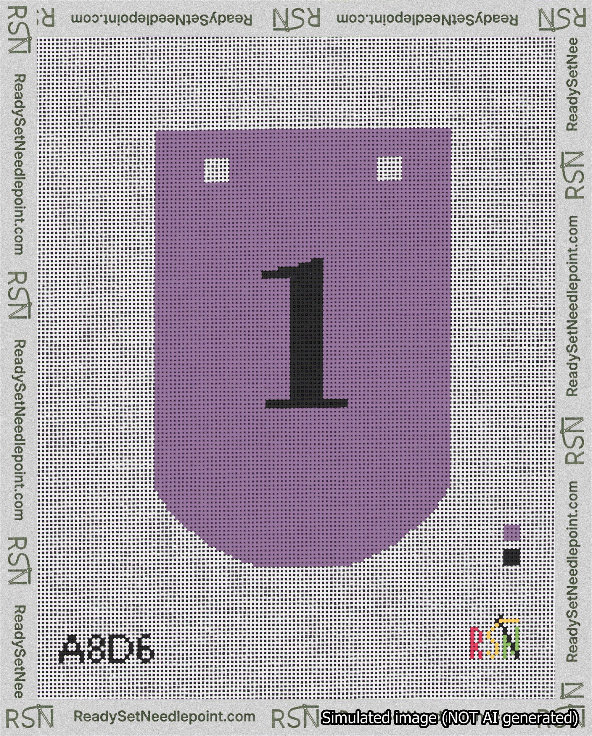 A taped needlepoint canvas with the design: Banner 18 mesh count Curved 1 Black on Purple.