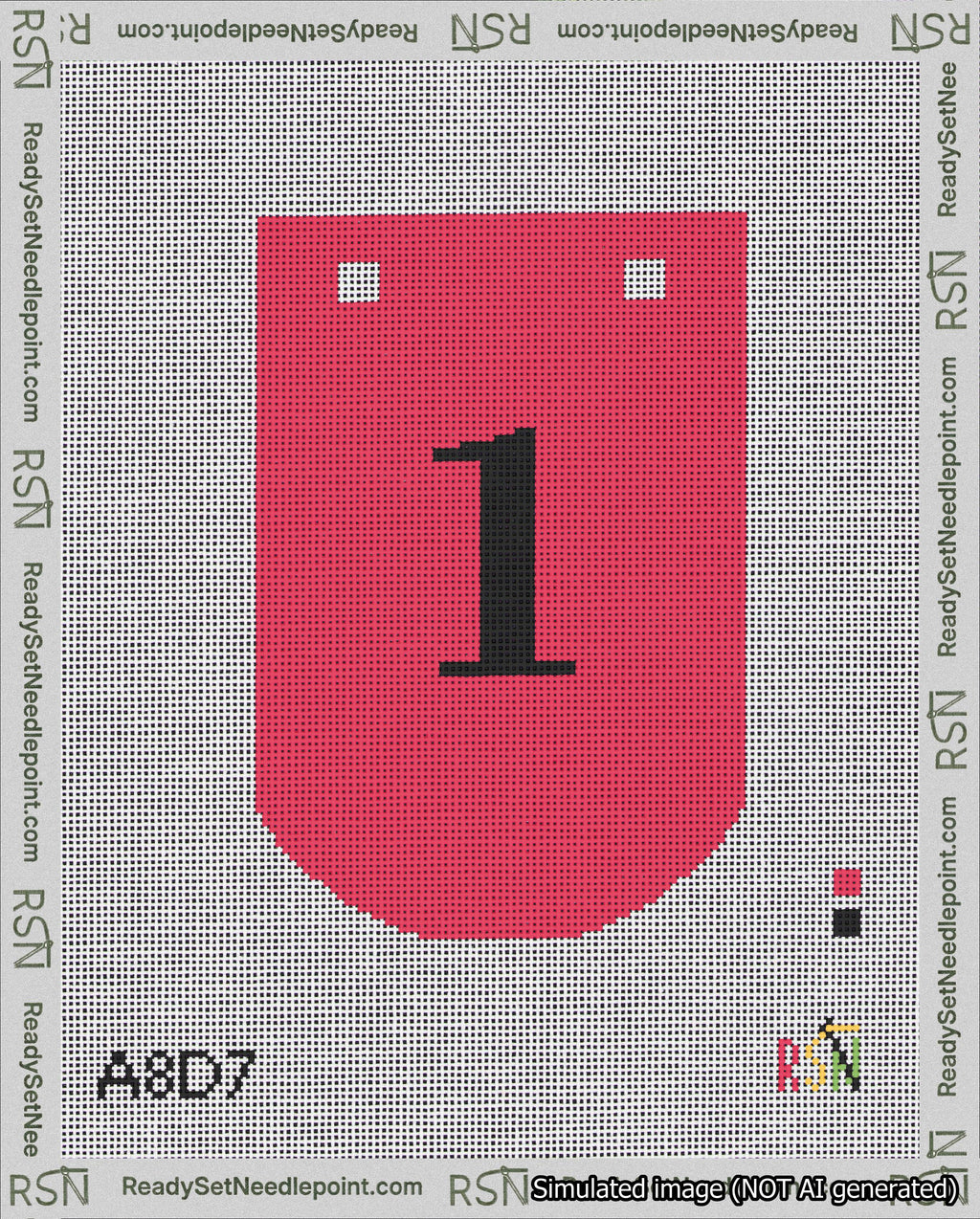 A taped needlepoint canvas with the design: Banner 18 mesh count Curved 1 Black on Red.