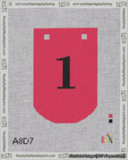 A taped needlepoint canvas with the design: Banner 18 mesh count Curved 1 Black on Red.
