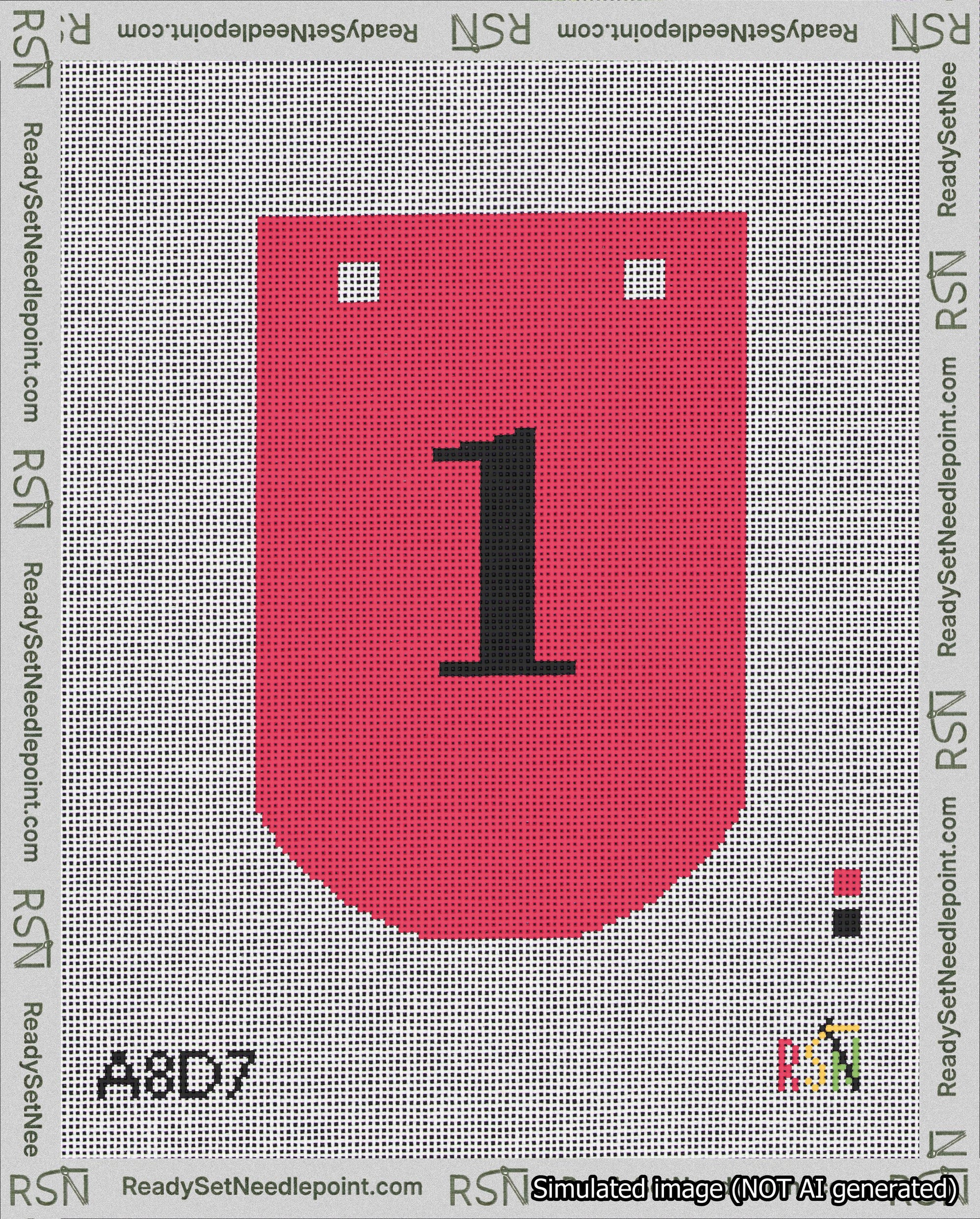 A taped needlepoint canvas with the design: Banner 18 mesh count Curved 1 Black on Red.