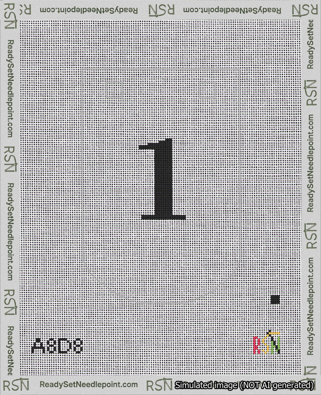 A taped needlepoint canvas with the design: Banner 18 mesh count Curved 1 Black on White.