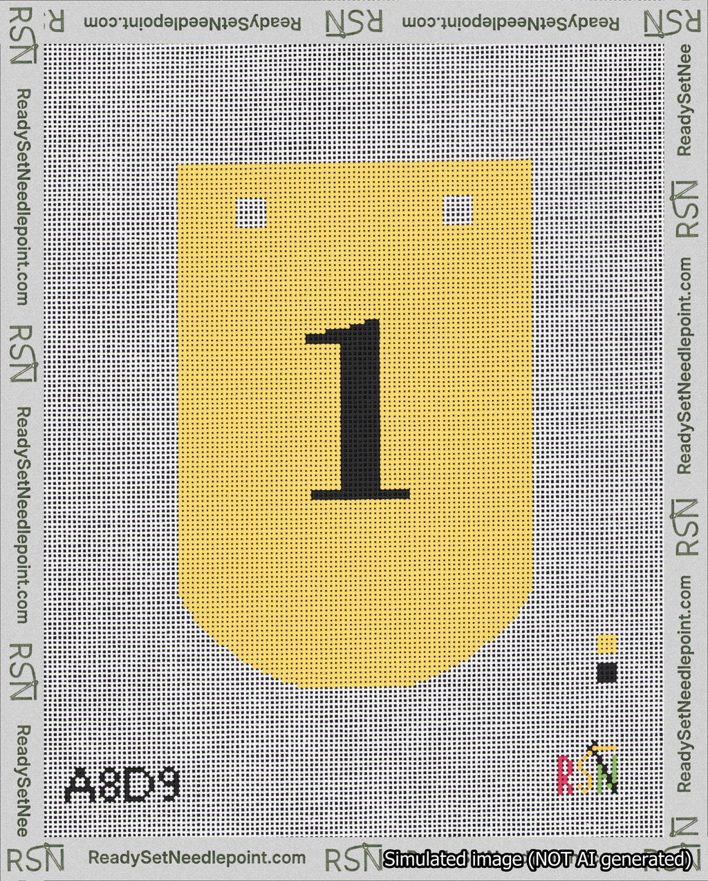 A taped needlepoint canvas with the design: Banner 18 mesh count Curved 1 Black on Yellow.