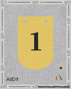 A taped needlepoint canvas with the design: Banner 18 mesh count Curved 1 Black on Yellow.