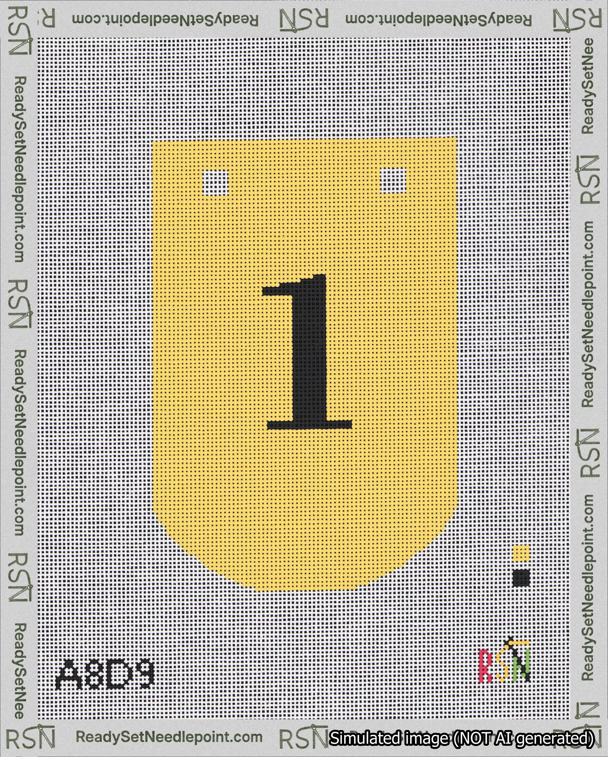 A taped needlepoint canvas with the design: Banner 18 mesh count Curved 1 Black on Yellow.