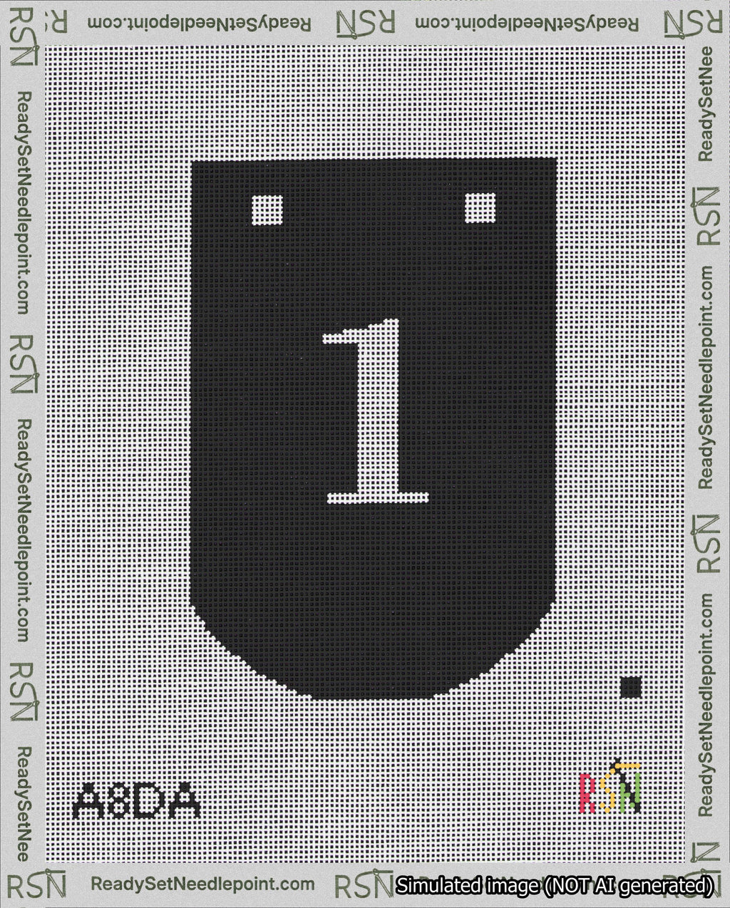 A taped needlepoint canvas with the design: Banner 18 mesh count Curved 1 White on Black.