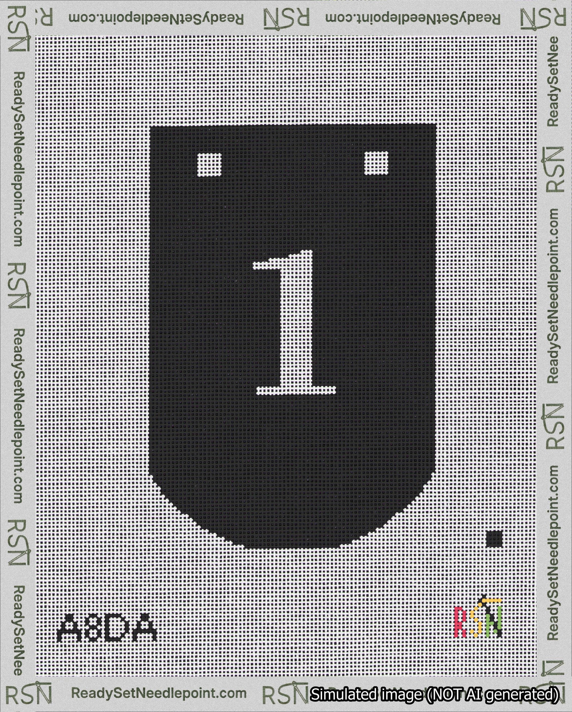 A taped needlepoint canvas with the design: Banner 18 mesh count Curved 1 White on Black.
