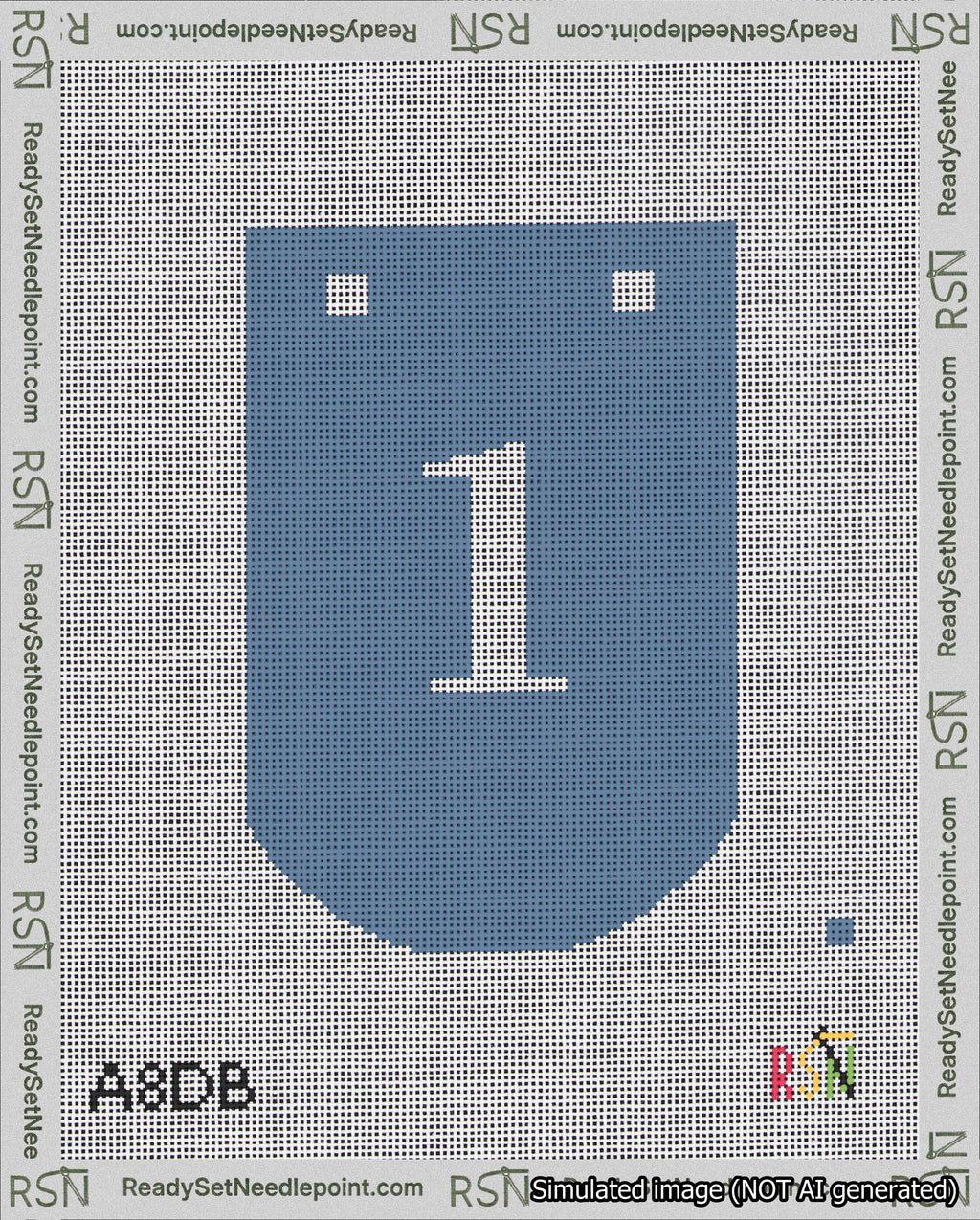 A taped needlepoint canvas with the design: Banner 18 mesh count Curved 1 White on Blue.