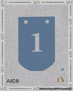 A taped needlepoint canvas with the design: Banner 18 mesh count Curved 1 White on Blue.