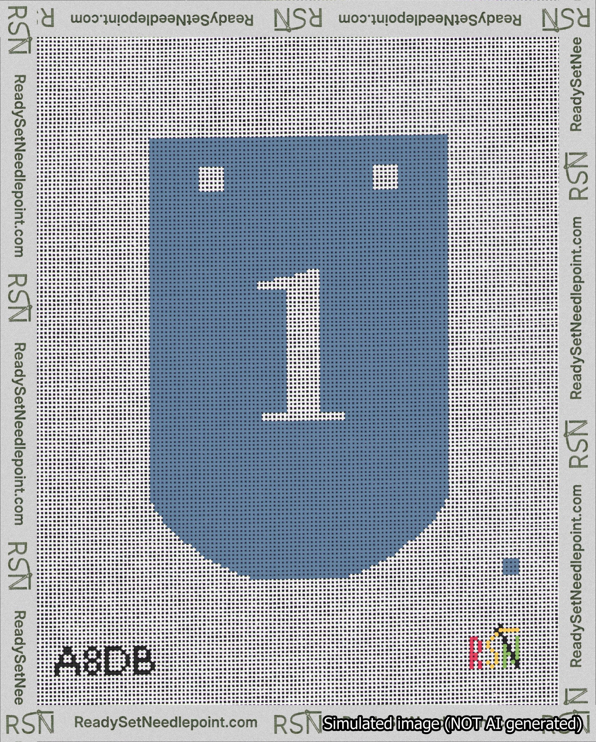 A taped needlepoint canvas with the design: Banner 18 mesh count Curved 1 White on Blue.