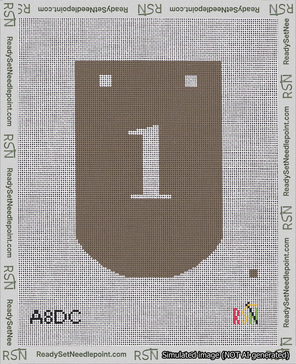 A taped needlepoint canvas with the design: Banner 18 mesh count Curved 1 White on Brown.