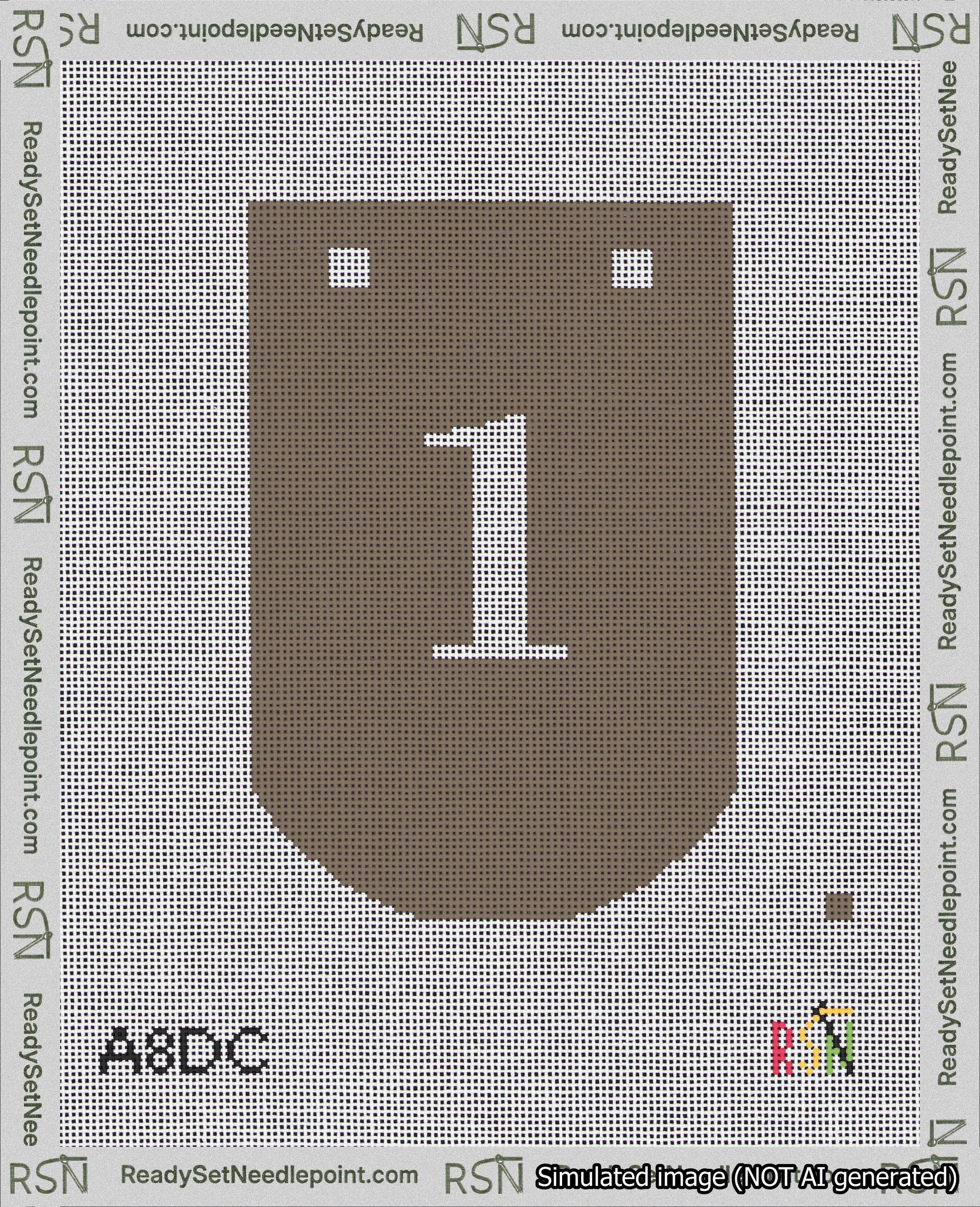 A taped needlepoint canvas with the design: Banner 18 mesh count Curved 1 White on Brown.