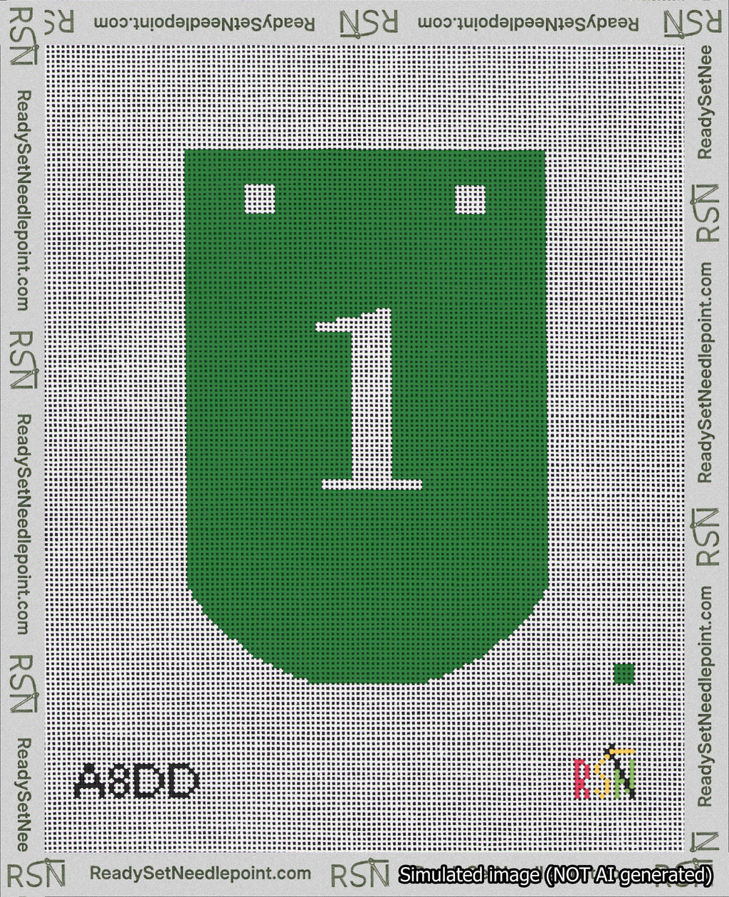 A taped needlepoint canvas with the design: Banner 18 mesh count Curved 1 White on Green.