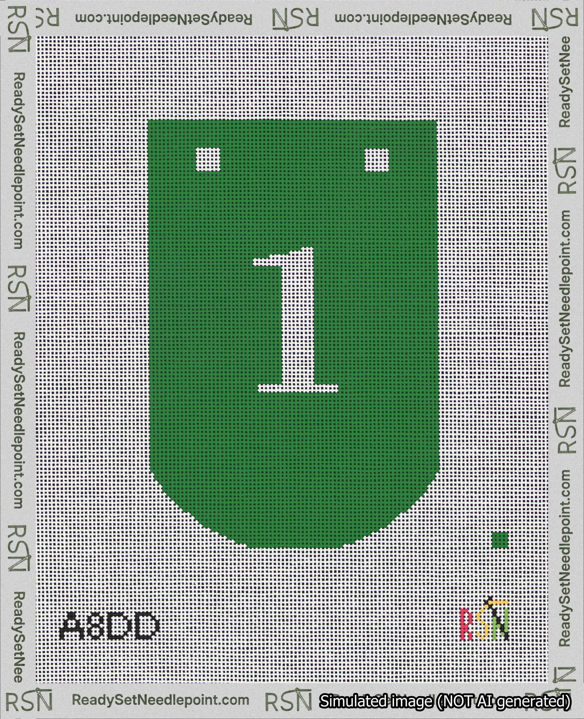 A taped needlepoint canvas with the design: Banner 18 mesh count Curved 1 White on Green.