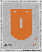 A taped needlepoint canvas with the design: Banner 18 mesh count Curved 1 White on Orange.