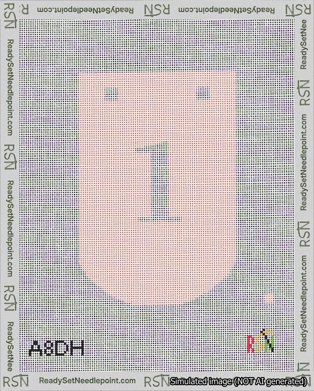 A taped needlepoint canvas with the design: Banner 18 mesh count Curved 1 White on Pink.