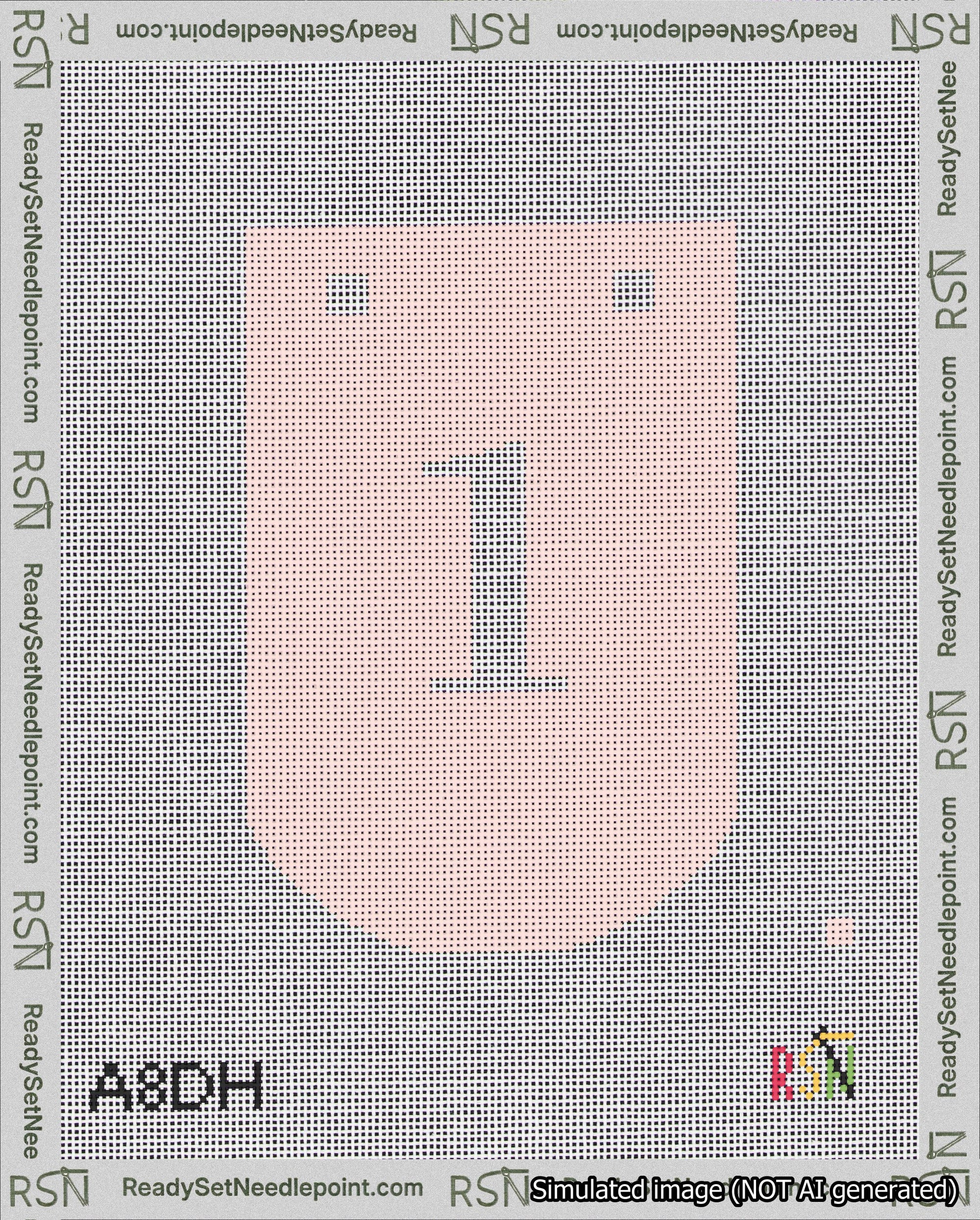 A taped needlepoint canvas with the design: Banner 18 mesh count Curved 1 White on Pink.