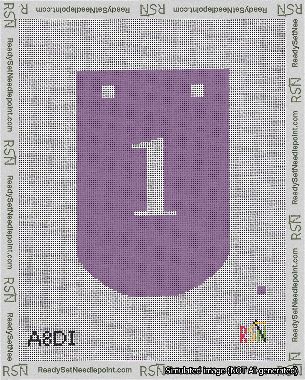A taped needlepoint canvas with the design: Banner 18 mesh count Curved 1 White on Purple.