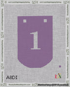A taped needlepoint canvas with the design: Banner 18 mesh count Curved 1 White on Purple.