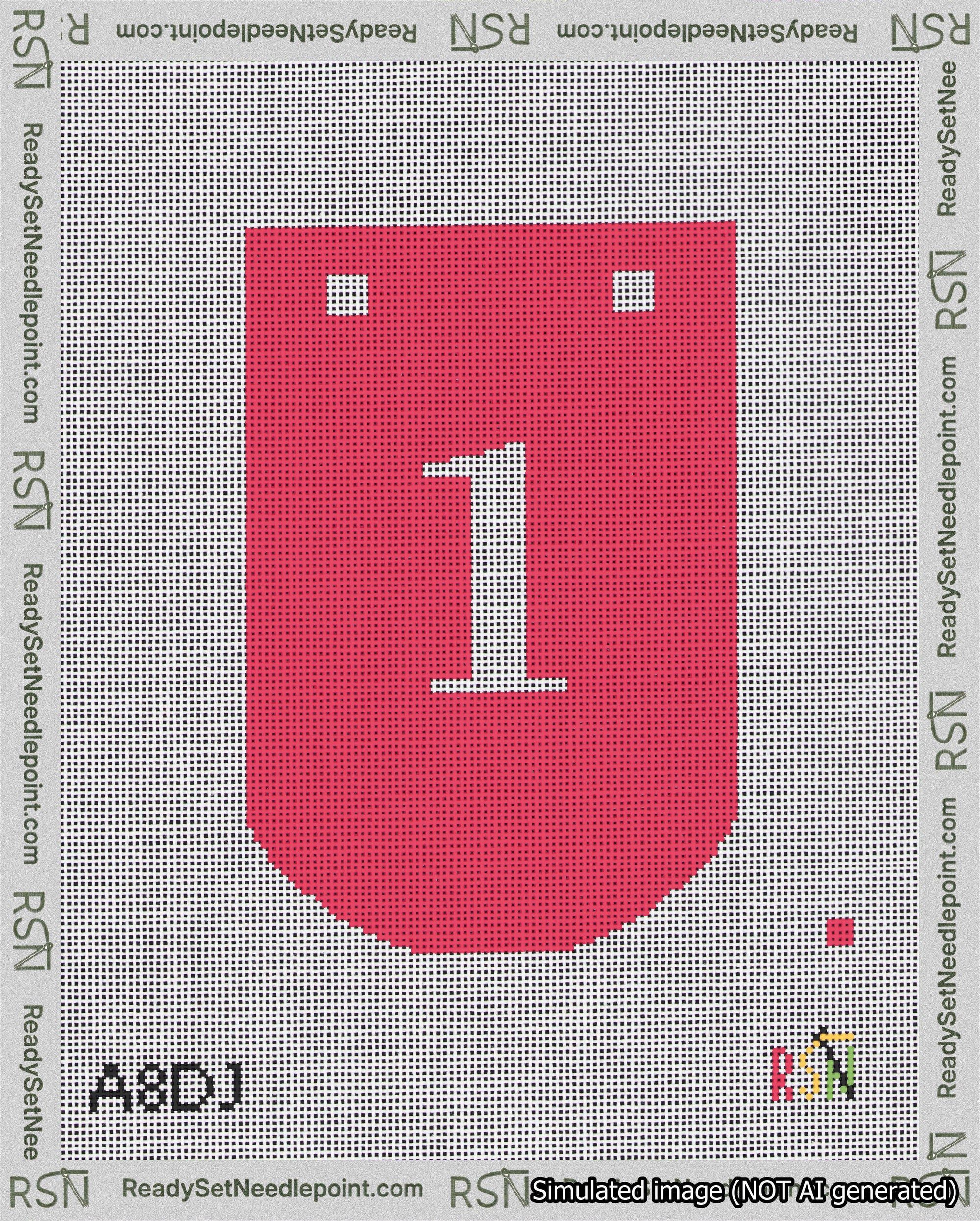 A taped needlepoint canvas with the design: Banner 18 mesh count Curved 1 White on Red.