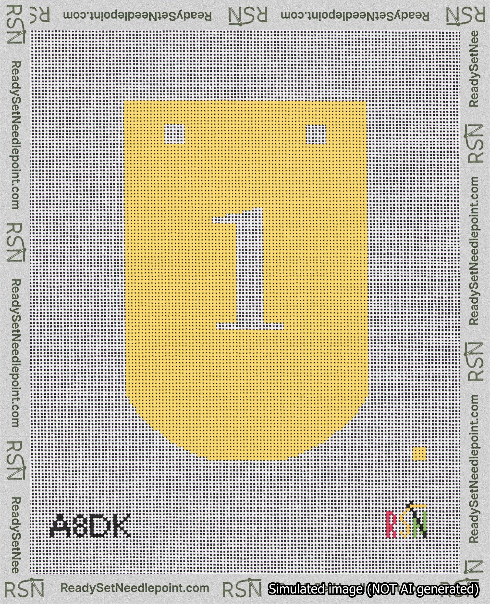 A taped needlepoint canvas with the design: Banner 18 mesh count Curved 1 White on Yellow.