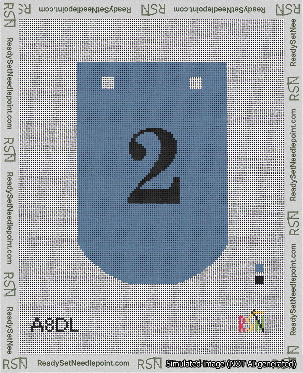 A taped needlepoint canvas with the design: Banner 18 mesh count Curved 2 Black on Blue.