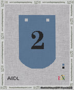 A taped needlepoint canvas with the design: Banner 18 mesh count Curved 2 Black on Blue.