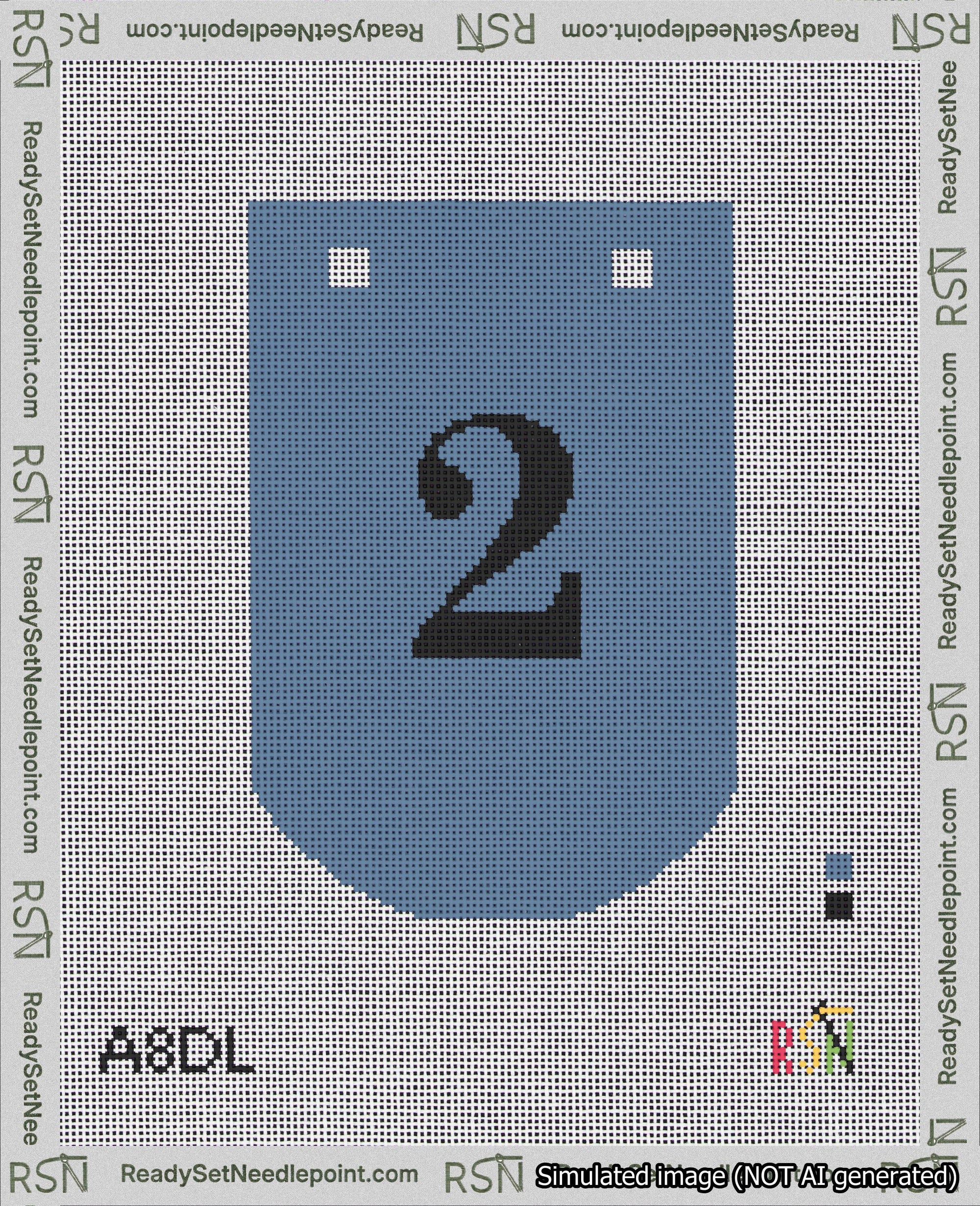 A taped needlepoint canvas with the design: Banner 18 mesh count Curved 2 Black on Blue.