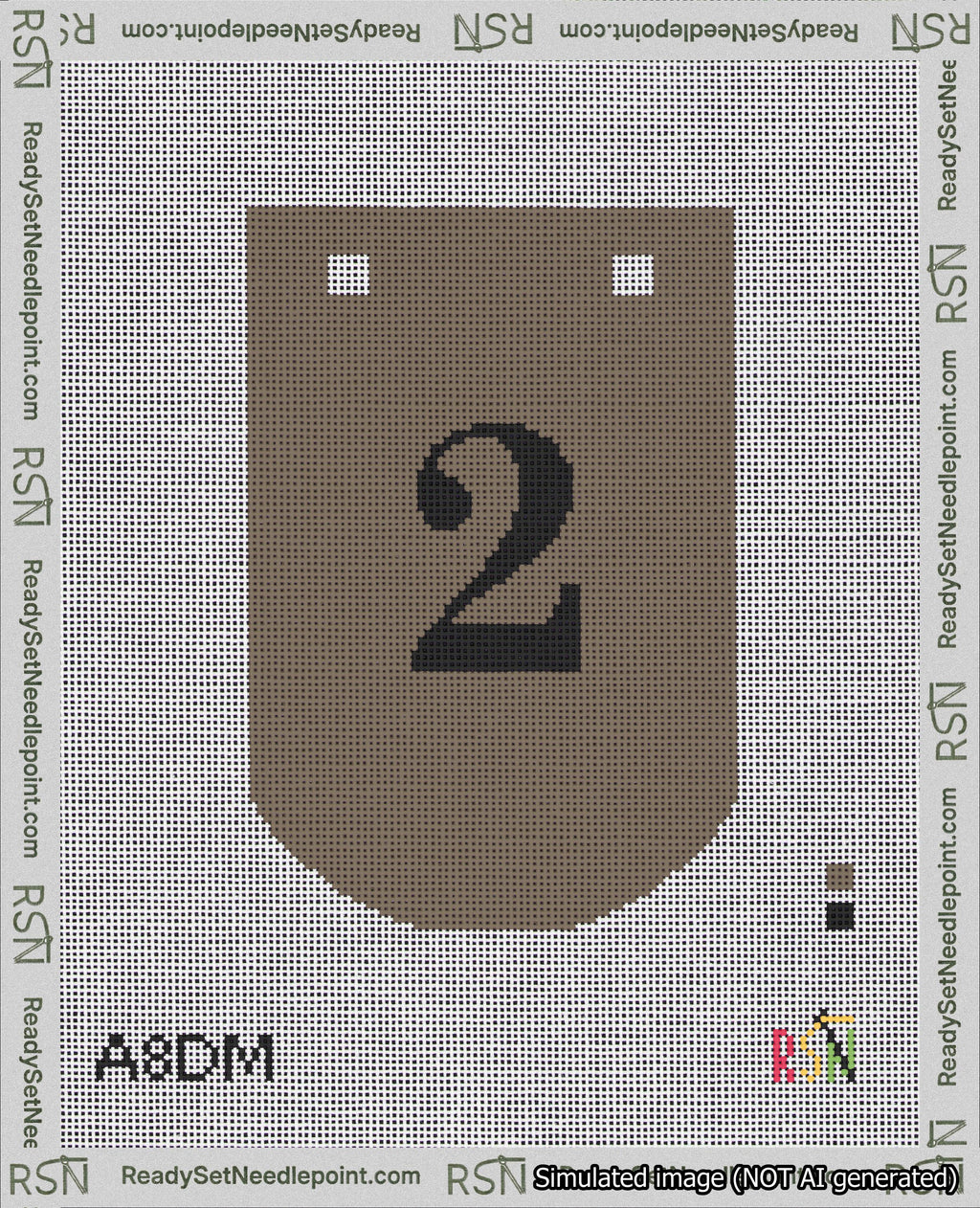 A taped needlepoint canvas with the design: Banner 18 mesh count Curved 2 Black on Brown.